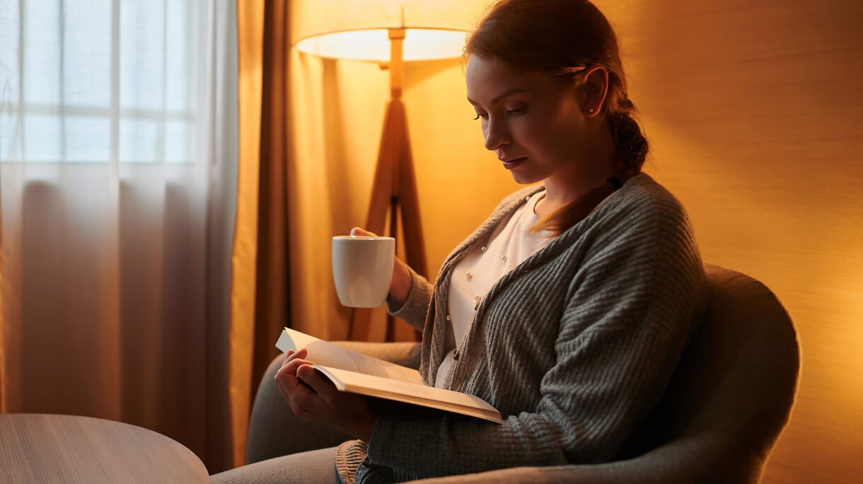 cosy woman reading with coffee