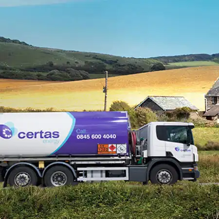 Certas Energy tanker containing HVO driving down country lane.