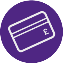 Purple circle with white icon depicting bank card.