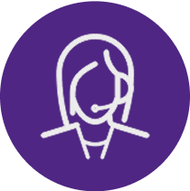 Purple circle with white icon depicting person wearing a headset.