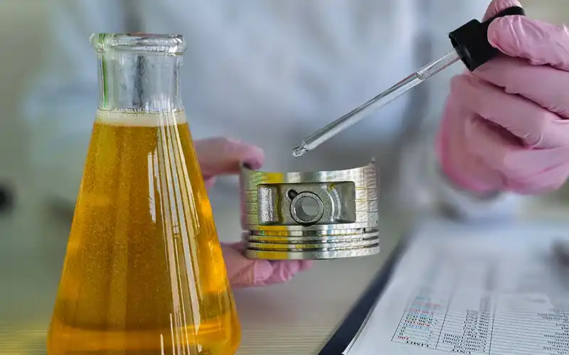 person testing lubricant on an engine part