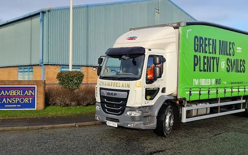 Chamberlain lorry fuelled by Certas Energy HVO outside Chamberlin Transport office.