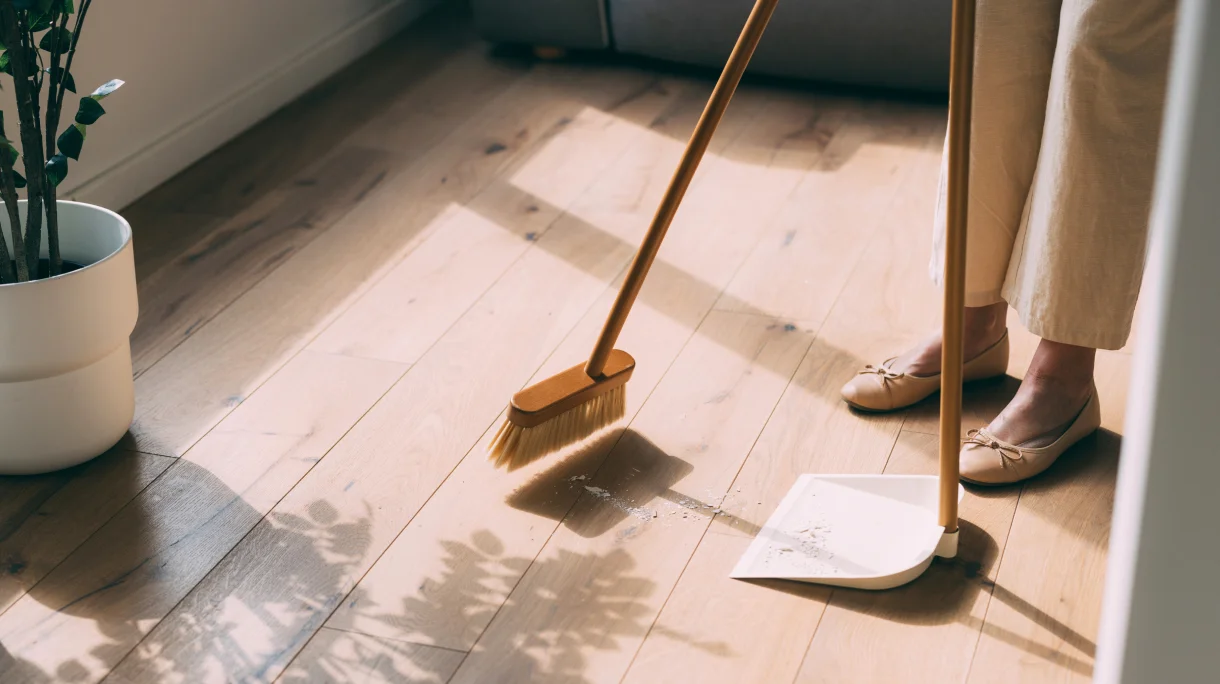 Person sweeping floor without electric appliances