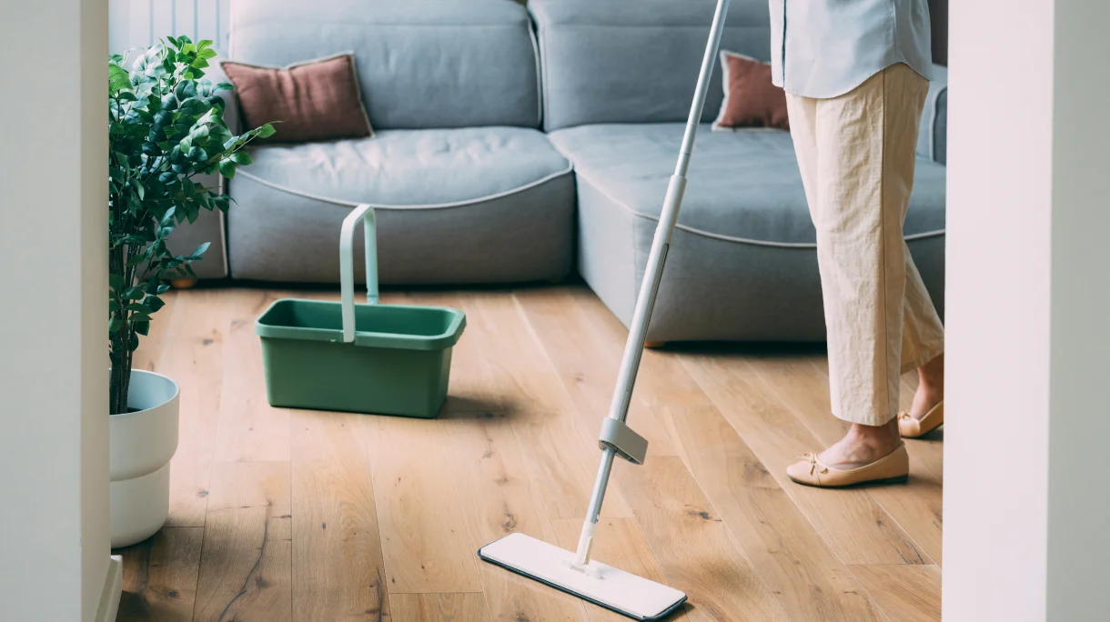 Person mopping floor with cold water to save energy