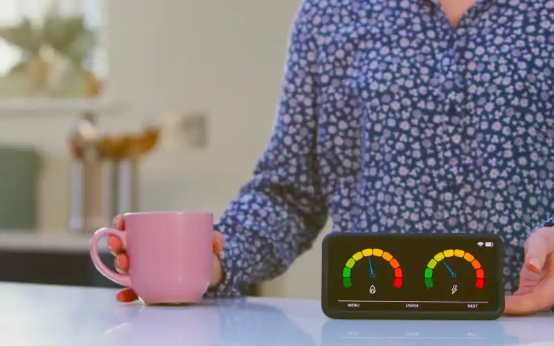 Person holding mug and an energy usage monitor.