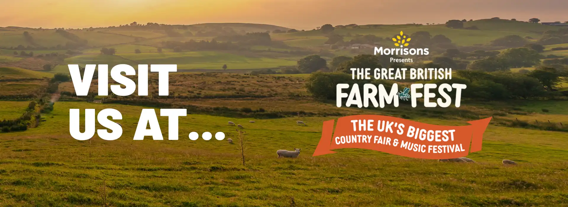 A countryside scene with white text saying visit us at and then the Farm Fest logo.